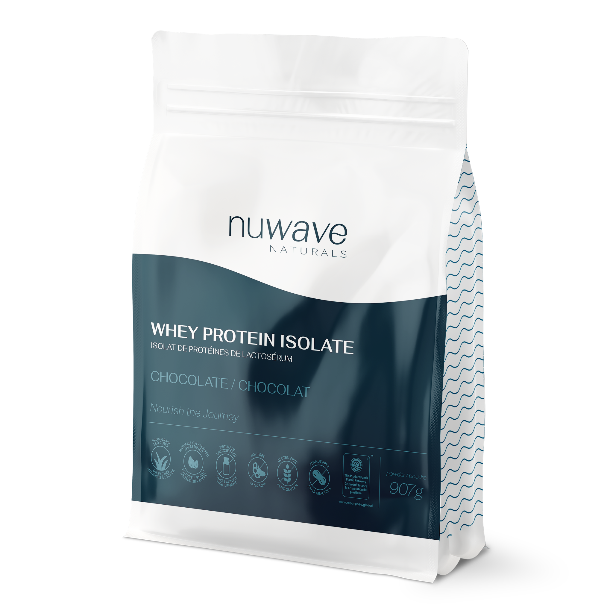 nuwave chocolate protein powder in a 2lb bag